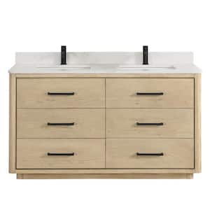 Porto 60 in. W x 22 in. D x 33.8 in. H Double Sink Bath Vanity in Natural Oak with White Quartz Stone Top