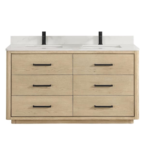 Porto 60 in. W x 22 in. D x 33.8 in. H Double Sink Bath Vanity in Natural Oak with White Quartz Stone Top