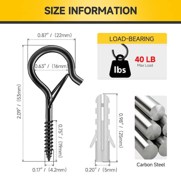 1.34 in. Black Cup Hook, 40 lbs. Capacity Q Hanger Hooks with Safety Buckle (20-Pack)