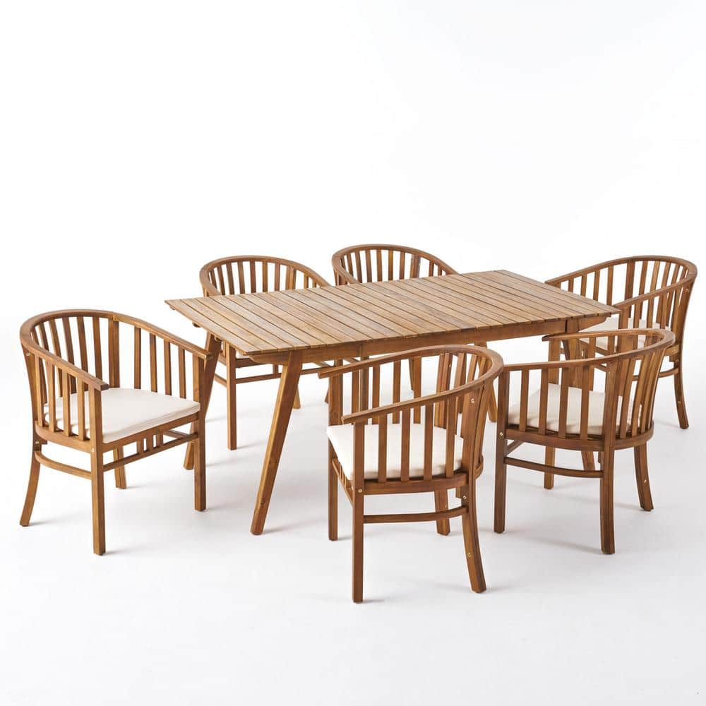 Alondra Teak Brown 7-Piece Wood Rectangular Patio Outdoor Dining Set with Cream Cushions price history on PriceWatchPro