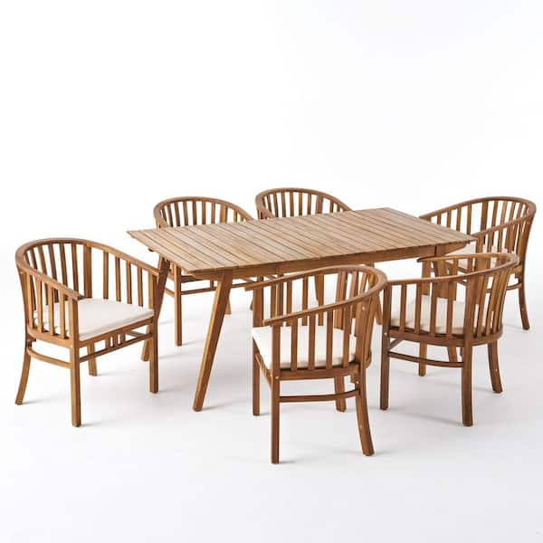 Noble House Alondra Teak Brown 7-Piece Wood Rectangular Patio Outdoor Dining Set with Cream Cushions