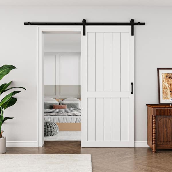 ARK DESIGN 36 in. x 84 in. White Paneled H Style White Primed MDF Sliding Barn Door with Hardware Kit and Soft Close