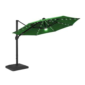 11 ft. Solar LED Round Aluminum Cantilever Outdoor Patio Umbrellas with Base Stand in Kelly Green