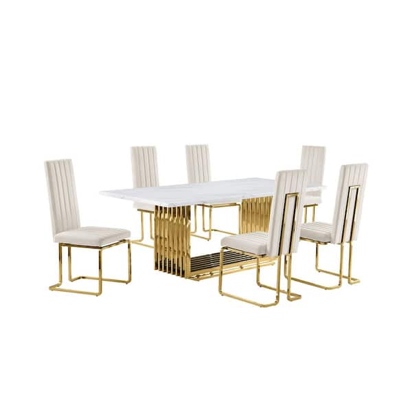 Lisa 7-Piece Rectangle White Marble Top Gold Stainless Steel Dining Set With 6-Cream Velvet Gold Chrome Iron Chairs