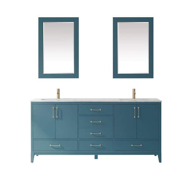Altair Sutton 72 in. Double Bathroom Vanity Set in Royal Green and Carrara White Marble Countertop with Mirror
