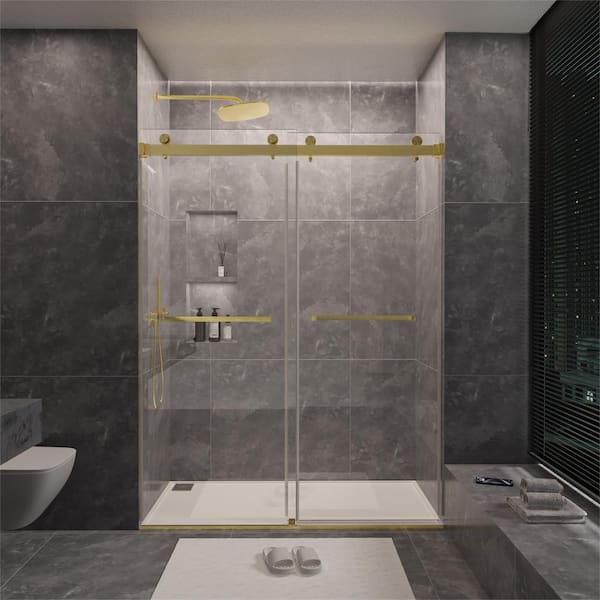 60 in. W x 80 in. H Sliding Frameless Shower Door in Brushed Gold with 3/8 in. Clear Glass