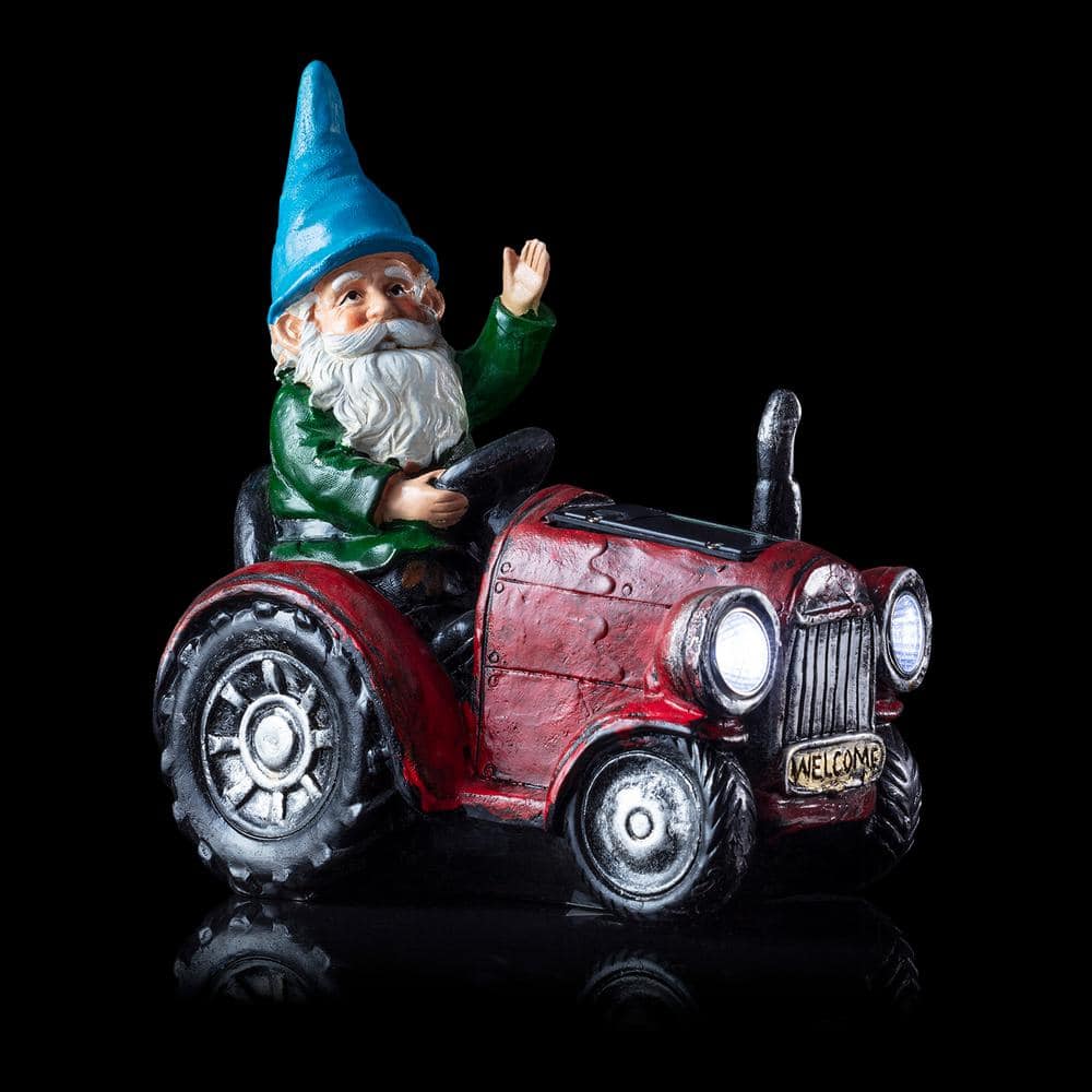 10" Red Polyresin Tractor Riding Gnome with LED Lights