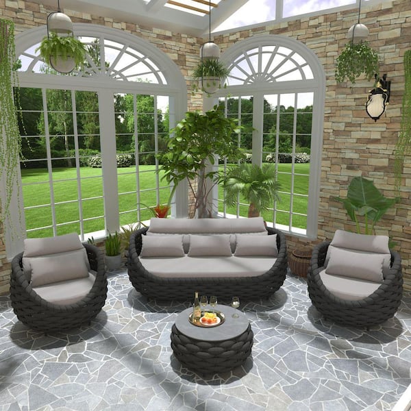 Black Aluminum 4 Piece Woven Rope Patio Outdoor Sectional Sofa Set 3-Seater Sofa with Gray Cushions