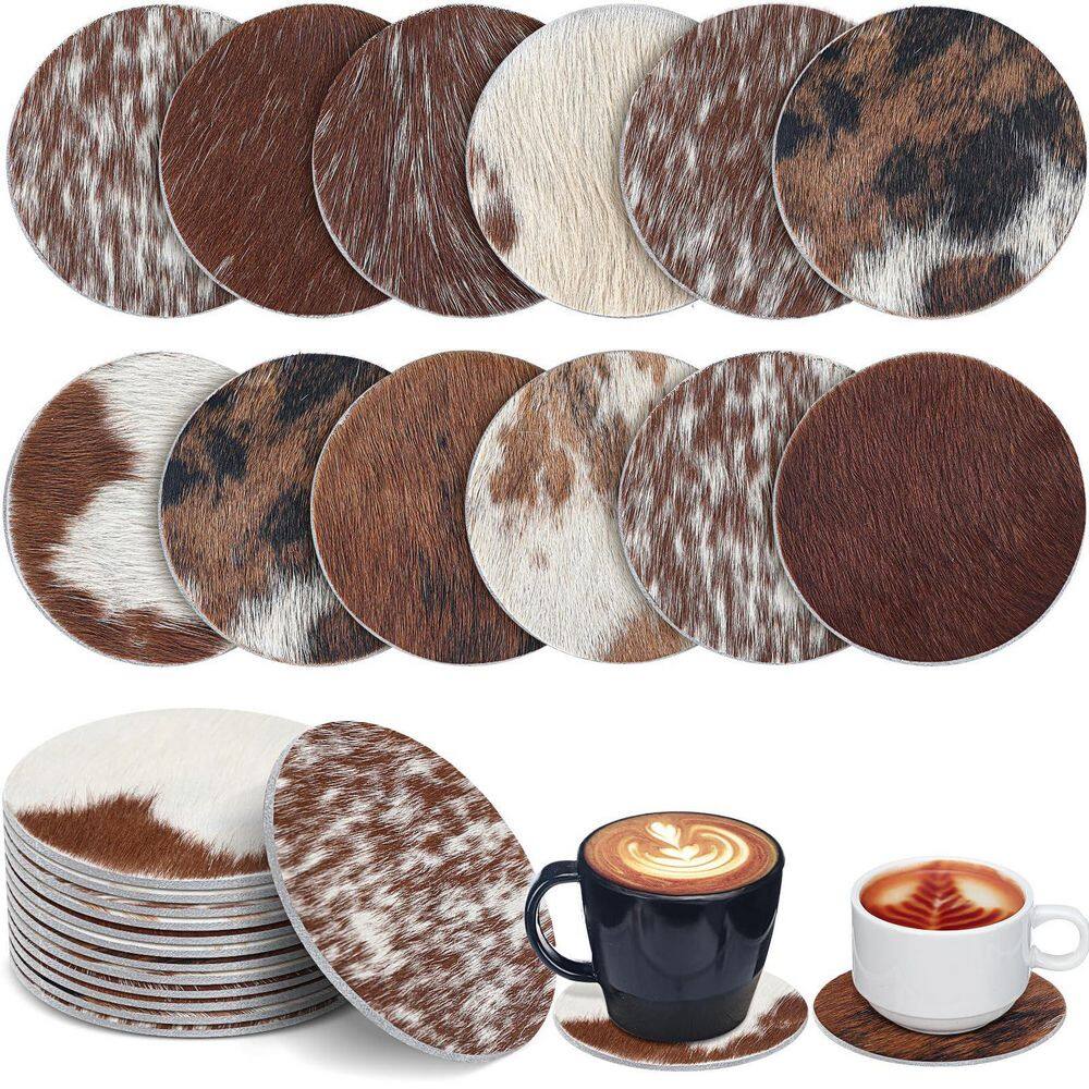 Wudkey (Set of 12) 4.33 in. Brown Round Natural Leather Coasters ...