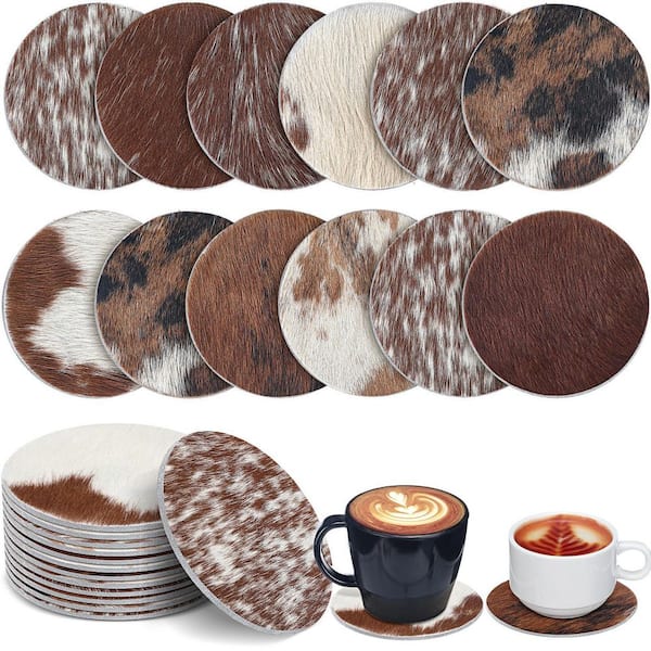 (Set of 12) 4.33 in. Brown Round Natural Leather Coasters, Cowhide Drink Coasters for Table Protection and Rustic Decor