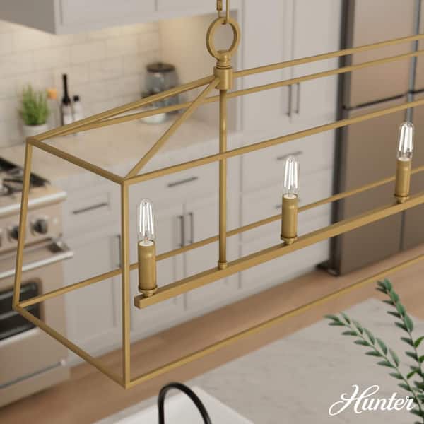 Hunter Fair Oaks 4-Light Luxe Gold Lantern Linear Chandelier for Kitchen Island with No Bulbs Included