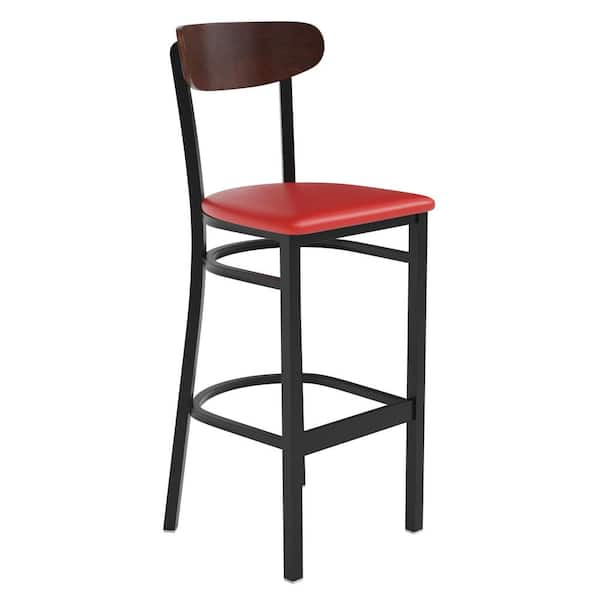 Carnegy Avenue 32 in. Walnut Wood Back/Red Vinyl Seat Full Metal Bar Stool with Vinyl Seat