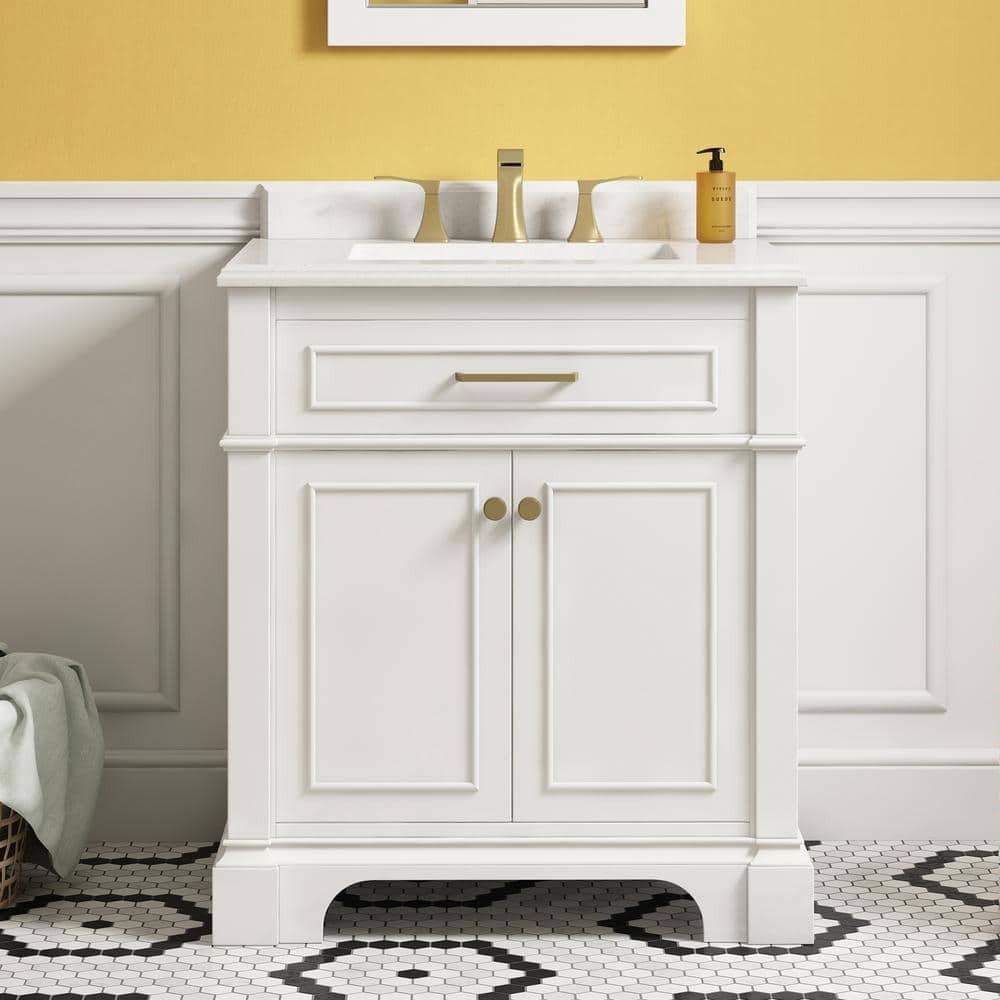 Home Decorators Collection Melpark 30 in. W x 22 in. D x 34 in. H Single Sink Bath Vanity in White with White Engineered Marble Top -  Melpark 30W