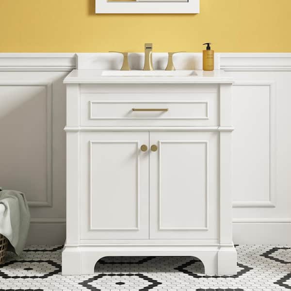 Home Decorators Collection Melpark 30 in. W x 22 in. D x 34 in. H Single Sink Bath Vanity in White with White Engineered Marble Top