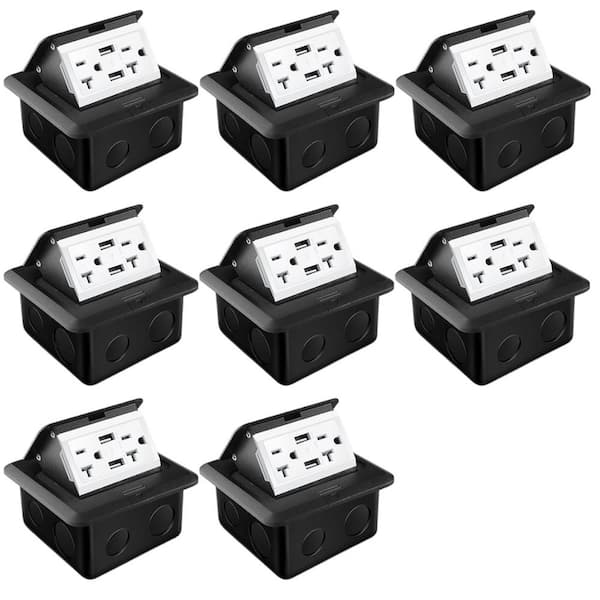 Black 20A Weatherproof, Tamper Resistant Pop up Floor, Counter Top Outlet Kit with 2-Outlets. 2 USB-A Ports - (8-Pack)
