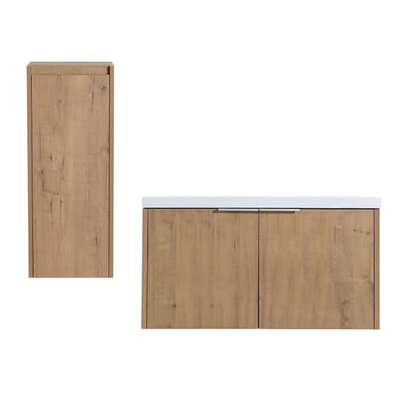 47.4 in. Single Sink Floating Imitative Oak Bath Vanity with White Resin Top, Open Shelf, 2-Side Cabinets Unassembled