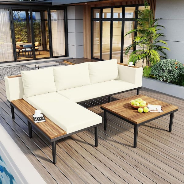 All-Weather Metal L-Shaped Outdoor Sectional Set, Patio Conversation Set with Beige Cushions and Side Table for Porch