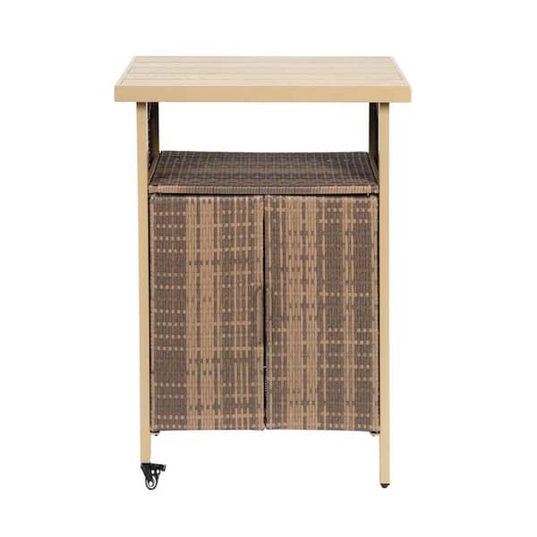 Outdoor Wicker Bar Cart, Bar Wine Serving Cart with Wheels, Patio Rolling Bar Cart for Porch Backyard Garden Poolside