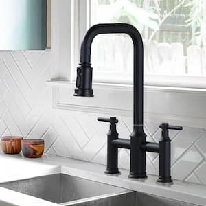 Double Handle Bridge Kitchen Faucet with Advanced Spray in Black