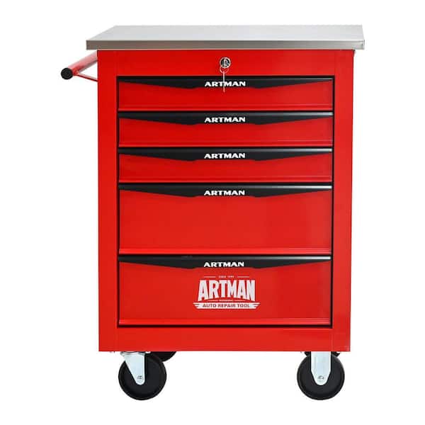 13.6 in. W 4-Drawer Rolling Metal Black and Red Tool Carts with Stainless Steel Roof and Steel Tool Storage Box