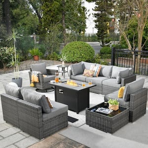 Sanibel Gray 10-Piece Wicker Patio Conversation Sofa Set with a Swivel Chair, a Metal Fire Pit and Dark Gray Cushions