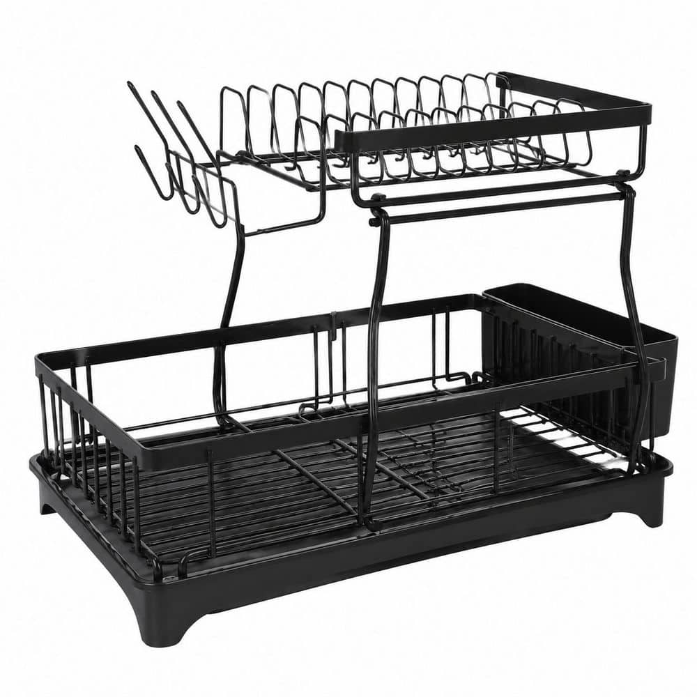 Black 2-Tier Dish Drying Rack with Auto Drain-to-Sink, Cup and Cutlery Holders, Countertop Organizer price history on PriceWatchPro