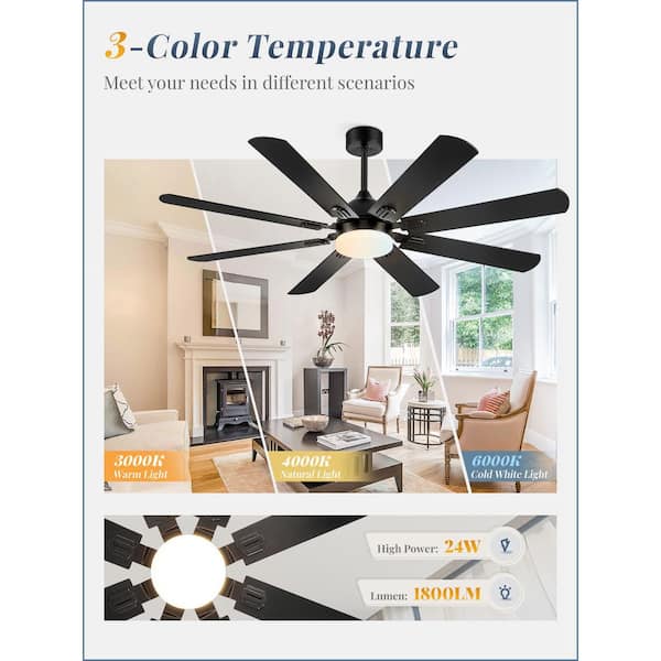 62 in. Outdoor/Indoor Black Downrod Mount Ceiling Fan with Light,Dual-Finish Blades,Remote Control, 6-Speeds, 3CCT