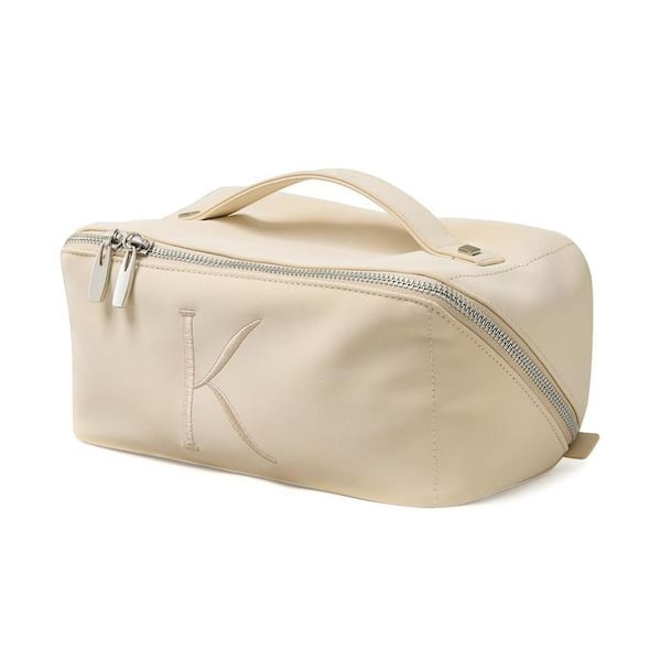 Numhew Travel Makeup Bag in BE-Beige, Large Capacity Cosmetic Bag, Waterproof PU Leather, Flat Open Portable Toiletry Bag