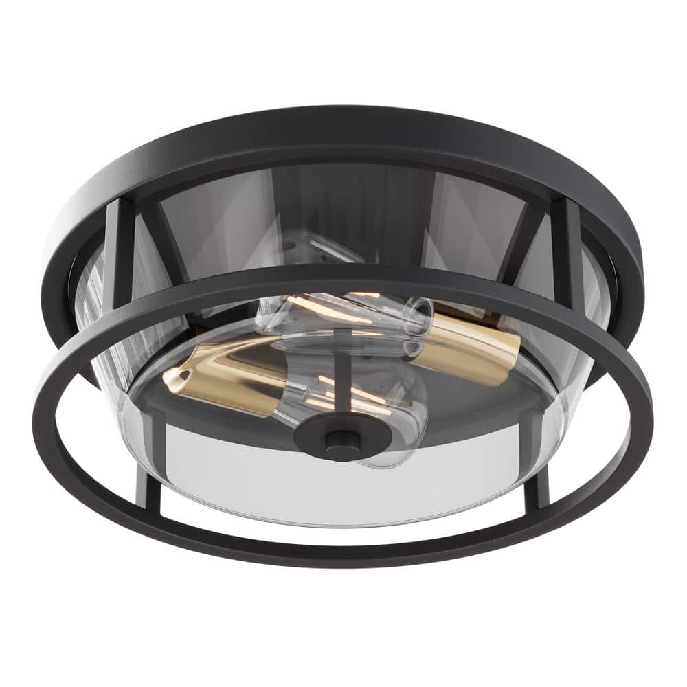 13 in. 2-Light Industrial Black Flush Mount Ceiling Light Fixture with Glas