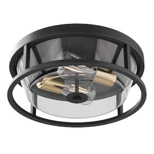 13 in. 2-Light Industrial Black Flush Mount Ceiling Light Fixture with Glass Shade