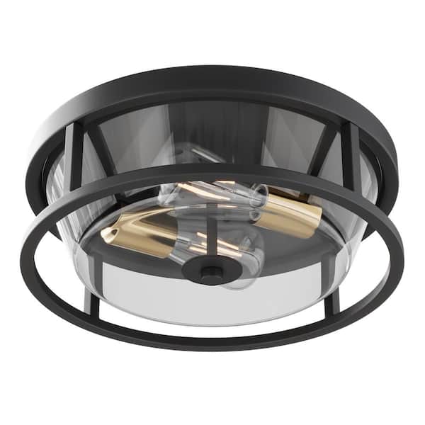 aiwen 13 in. 2-Light Industrial Black Flush Mount Ceiling Light Fixture with Glass Shade
