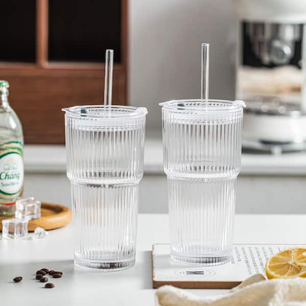 Wudkey 4-Piece 20 oz. Ribbed Clear Glass Tumblers with Lids and Glass Straws for Iced Coffee Smoothies Cocktails Juices