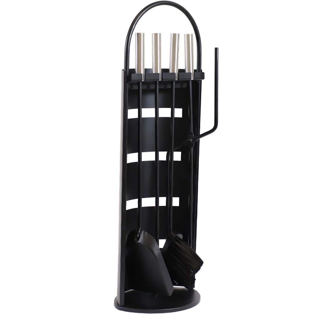 Modern Black Carbon Steel Fireplace Tool Set with Stainless Steel Handles