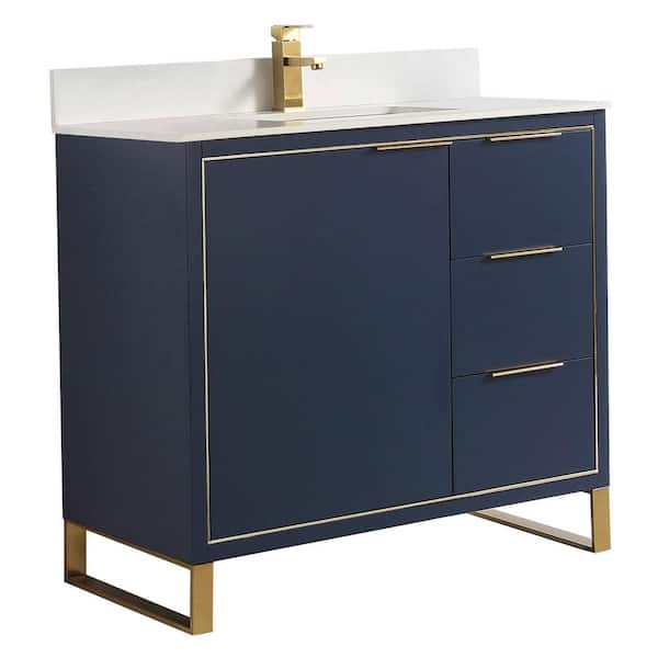 FINE FIXTURES Opulence 36 in. W x 18 in. D x 33.5 in. H Bath Vanity in Navy Blue with White Single sink Top