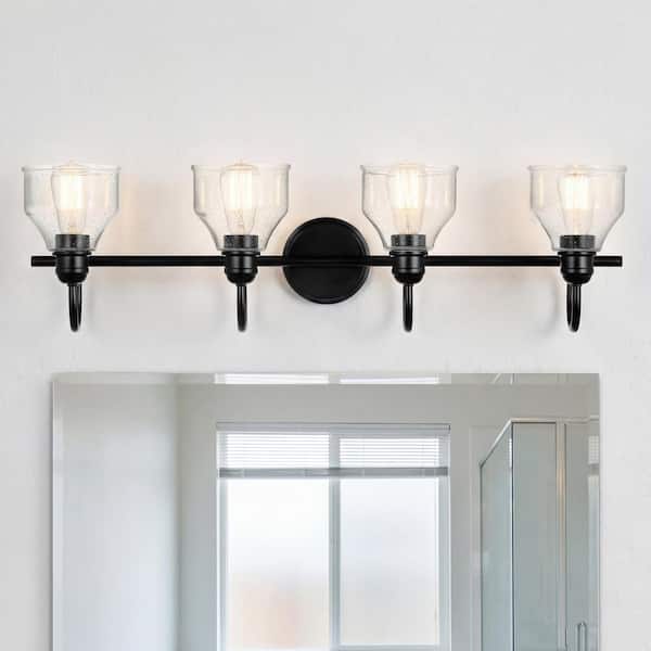 Avery 33.5 in. 4-Light Black Industrial Bathroom Vanity Light with Clear Seeded Glass