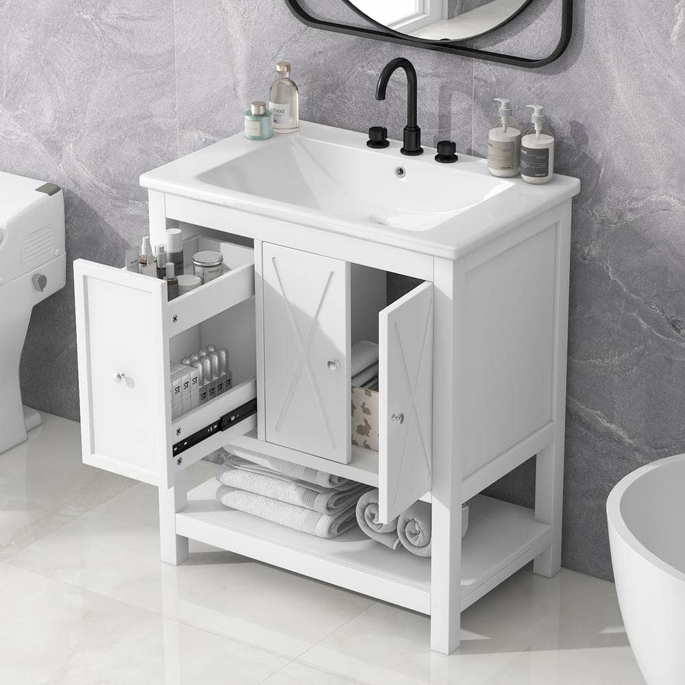 White Ceramic Top Single Sink Freestanding Bathroom Vanity