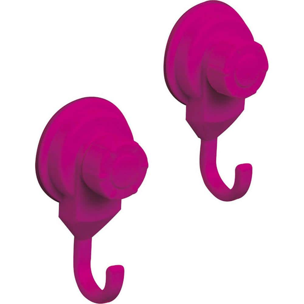 Pink Plastic and Metal Suction Cup Wall Hooks Set of 2