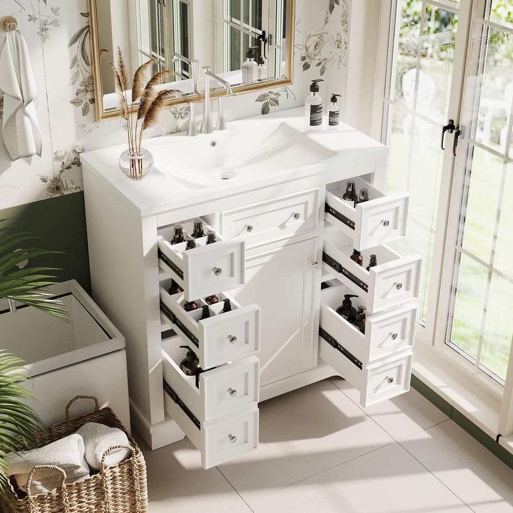 White MDF Bathroom Vanity with Ceramic Sink and Six Drawers