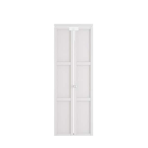36 in. x 80 in. 3-lite Panel Solid Core White PVC Covering Wood MDF. Bi-fold Door with Locks, Handles and Hardware Kits