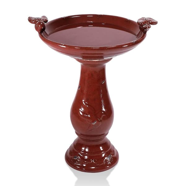 Unbranded 25 in. H x 19 in. Dia Red Ceramic Birdbath with 2 Bird Figurines