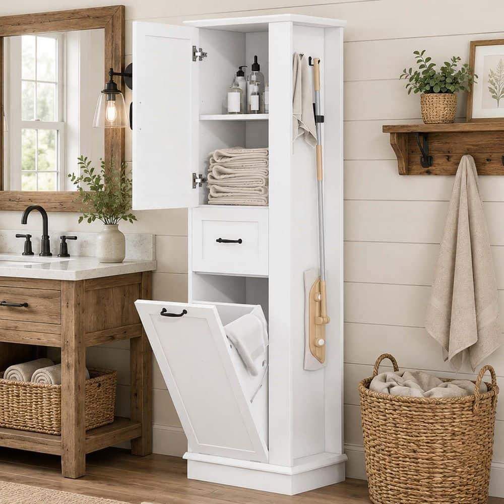 20.3 in. W x 13.8 in. D x 67.8 in. H White MDF Freestanding Linen Cabinet with 2-Drawers and Adjustable Shelf,White