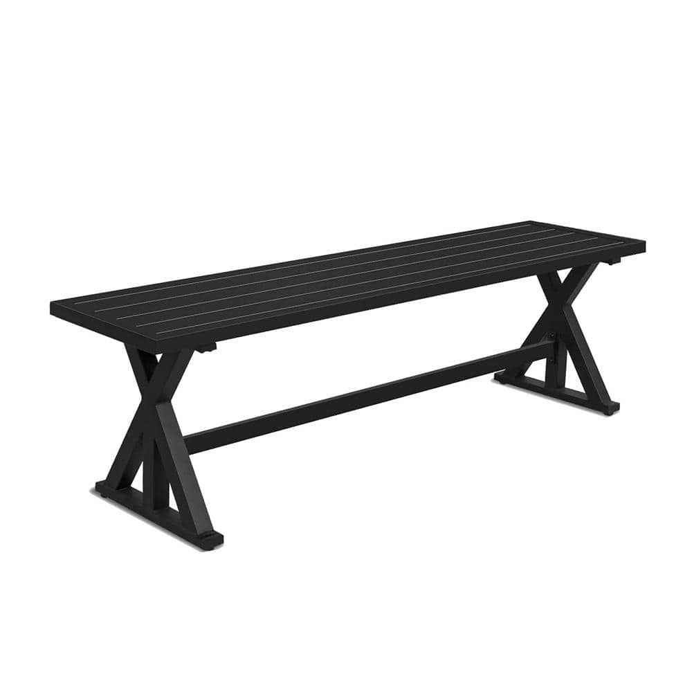 Black Metal Outdoor Benche Chairs, Slatted Picnic Benches with Sturdy X-Leg