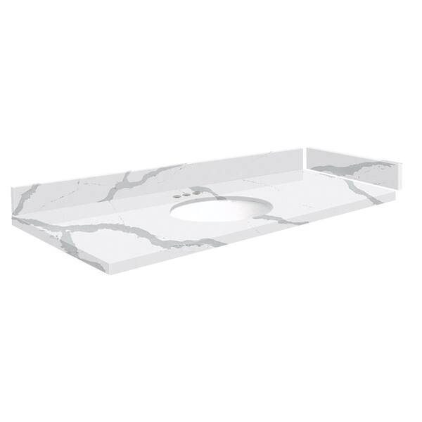 Transolid Silestone 49.25 in. W. x 22.25 in. D Qt. White Round Single Sink Vanity Top in Bianco Calacatta