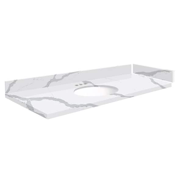 Transolid Silestone 49 in. W. x 22.25 in. D Qt. White Round Single Sink Vanity Top in Bianco Calacatta