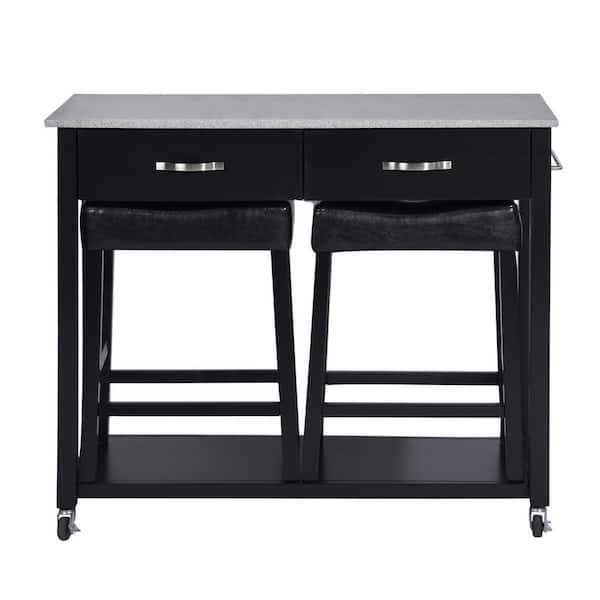 Ajalae Black Marble Top 42.10 in. Kitchen Island with 2Stools YXXX285