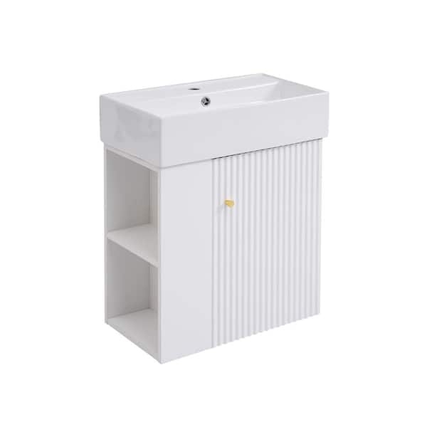 Sarlai 21.61 in. W MDF Single Bowl Wall Mounted White Bath Vanity with White Ceramic Top and Left Side Storage Assembled