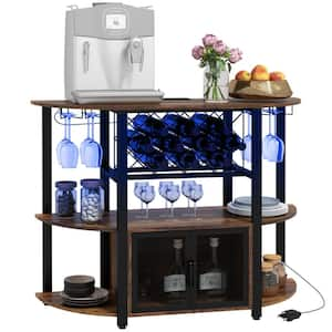 Rustic Brown Bar Cabinet with 10-Bottle Wine Rack Charging Station LED Lights Glass Holders and Mesh Doors