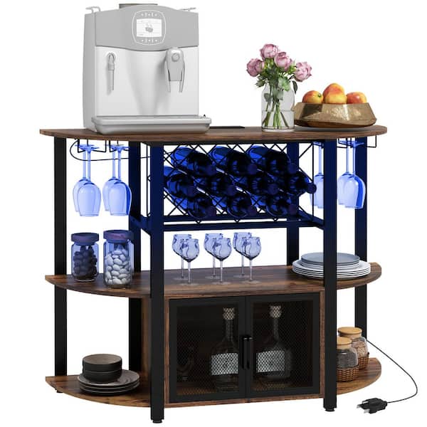 HOMCOM Rustic Brown Bar Cabinet with 10-Bottle Wine Rack Charging Station LED Lights Glass Holders and Mesh Doors