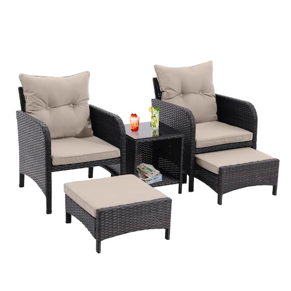 Zeus & Ruta 5 Piece Grey Metal Outdoor Patio Conversation Set with Armrest, Dust Grey Cushions, Ottomans, Storage Coffee Table