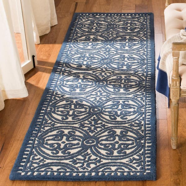 Cambridge Ivory/Navy 3 ft. x 10 ft. Geometric Runner Rug